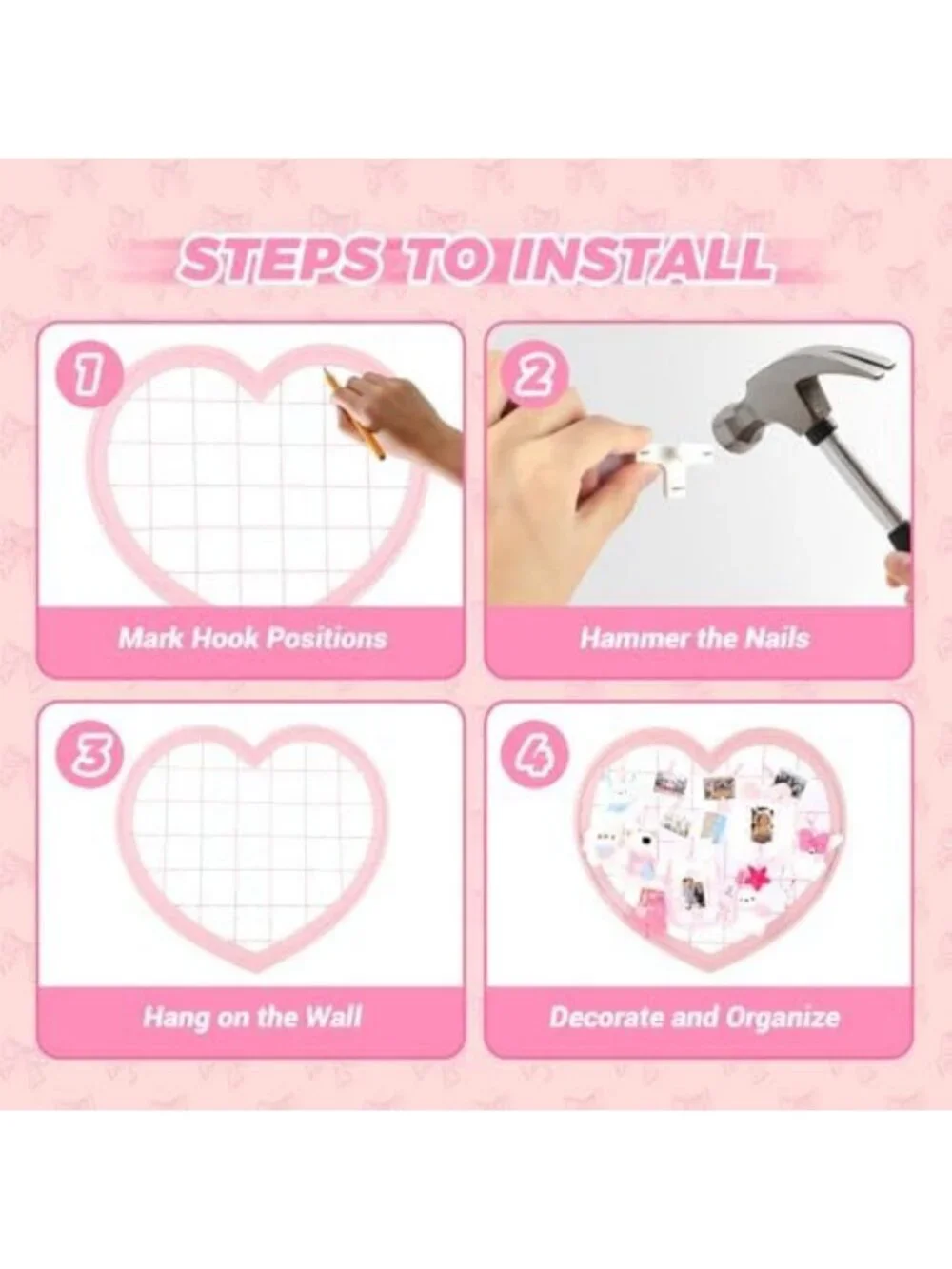 Pink Heart-Shaped Wire Wall Grid Panel for Photo Display & Room Decor